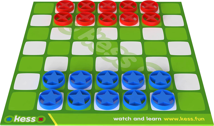 Close-up of the Kess board set up for play