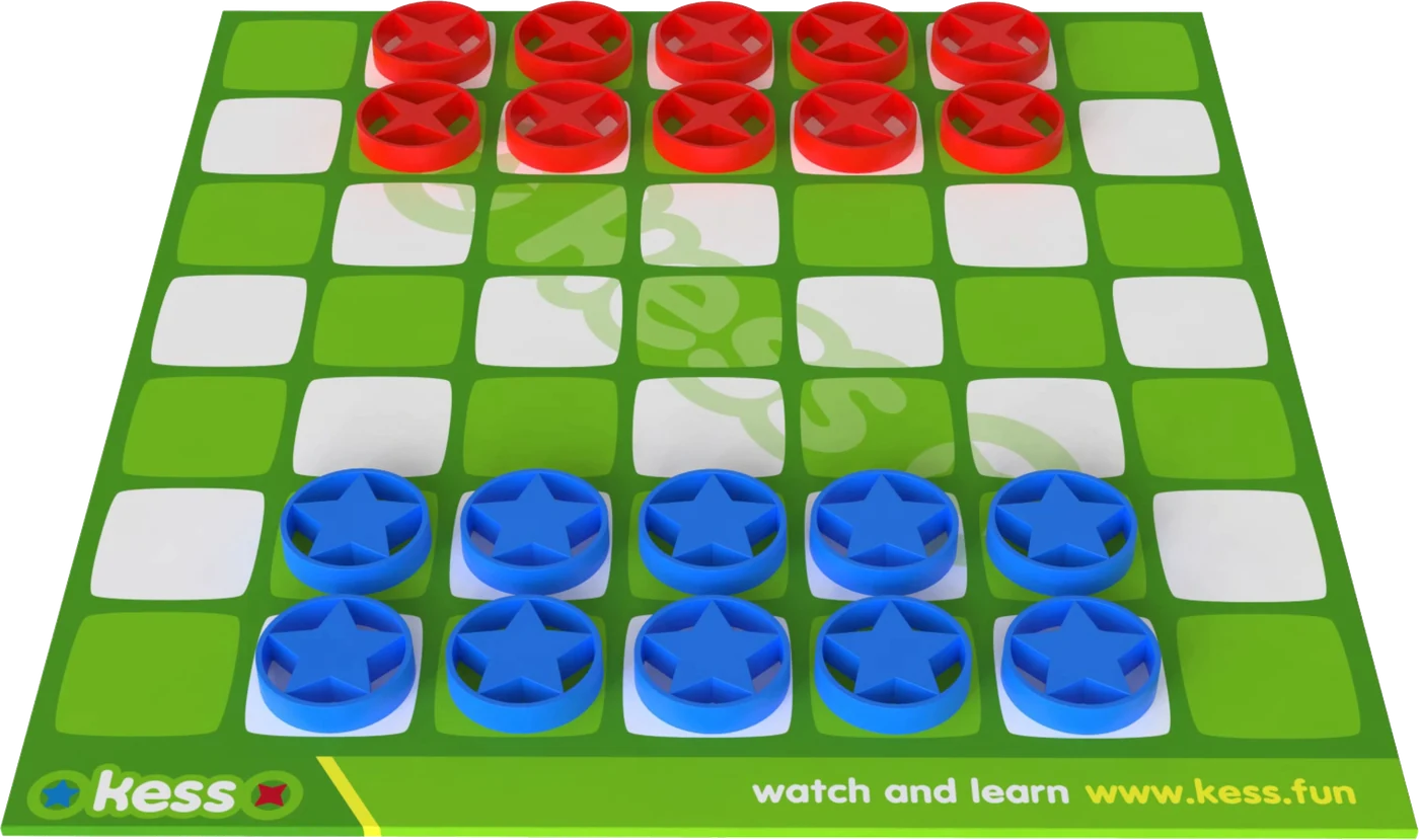 Kess board set up with red and blue pieces in their starting positions